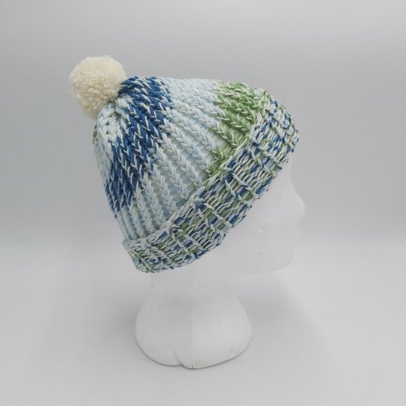 Fingerless Gloves Beanie Hat Toque Pompom Small Blue Green Handmade Loom Knit - Picture 11 of 16
